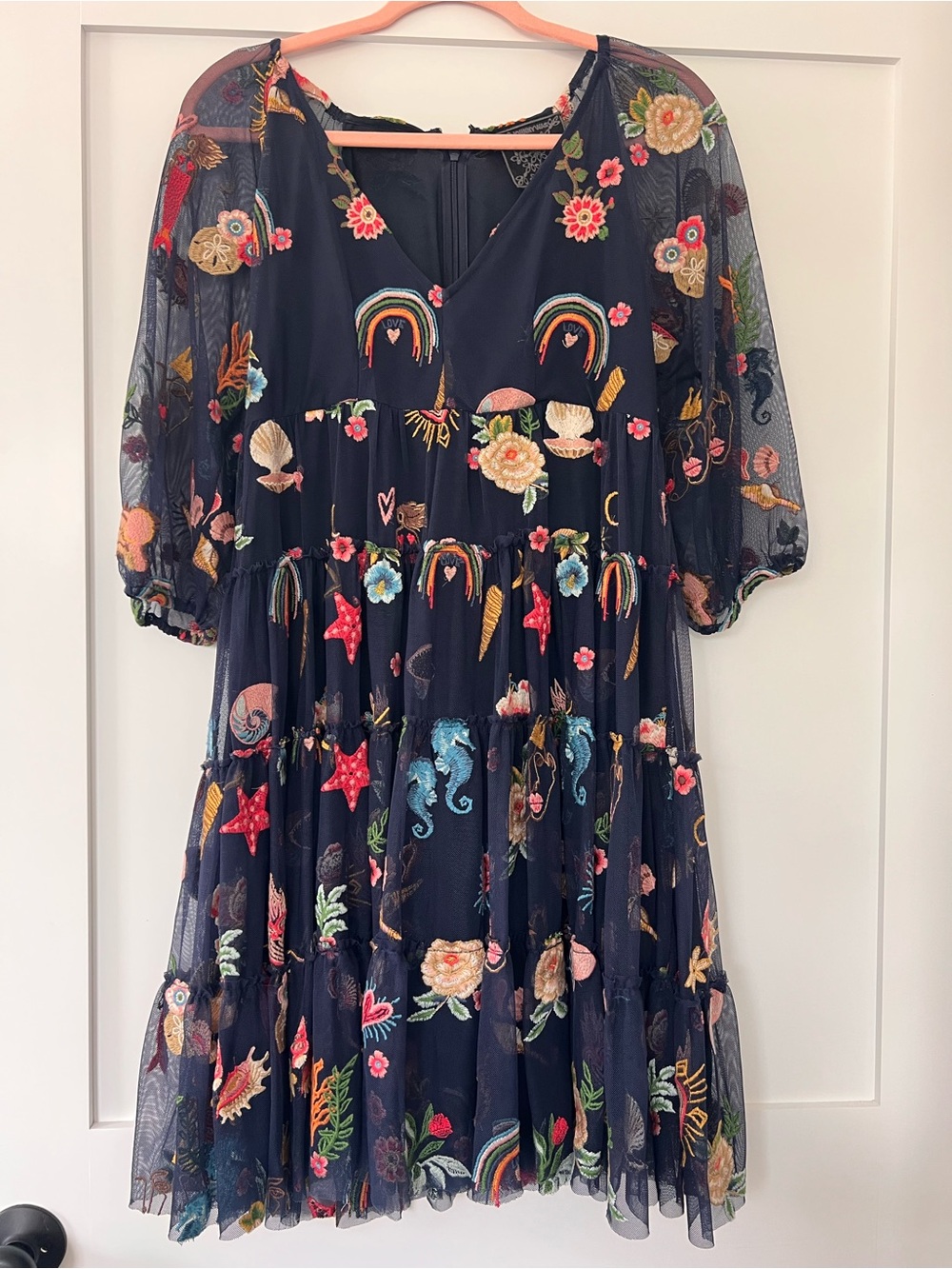 Johnny Was Navy Mesh Dress with Multicolor Embroidery